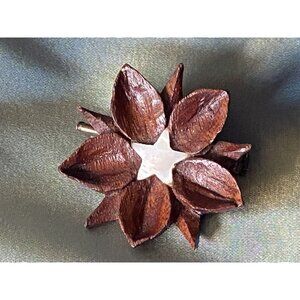Vintage Handcrafted Brown Wood Mother of Pearl Flower Brooch Carved Pin 1.5" EUC